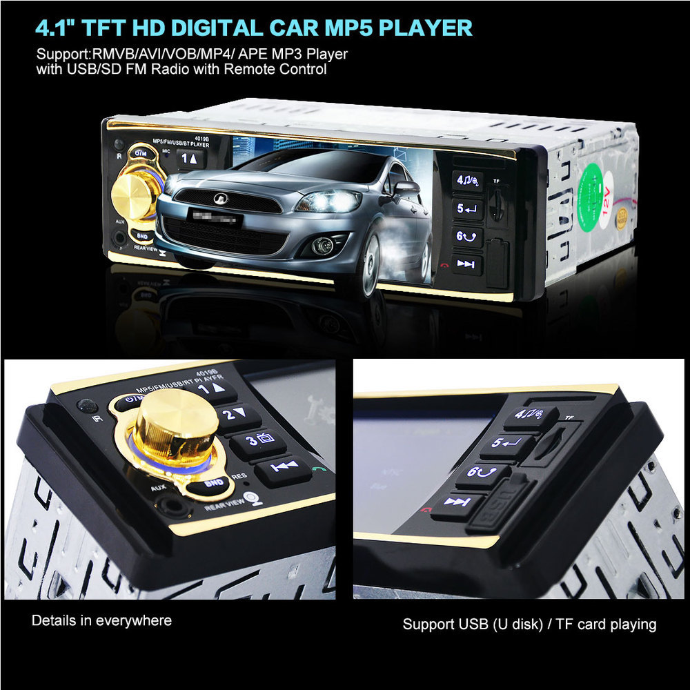 4.1インチTFT液晶スクリーン Bluetooth ハンズフリー カーステレオ MP3 動画プレーヤー microSDカード/USB/AUXポート