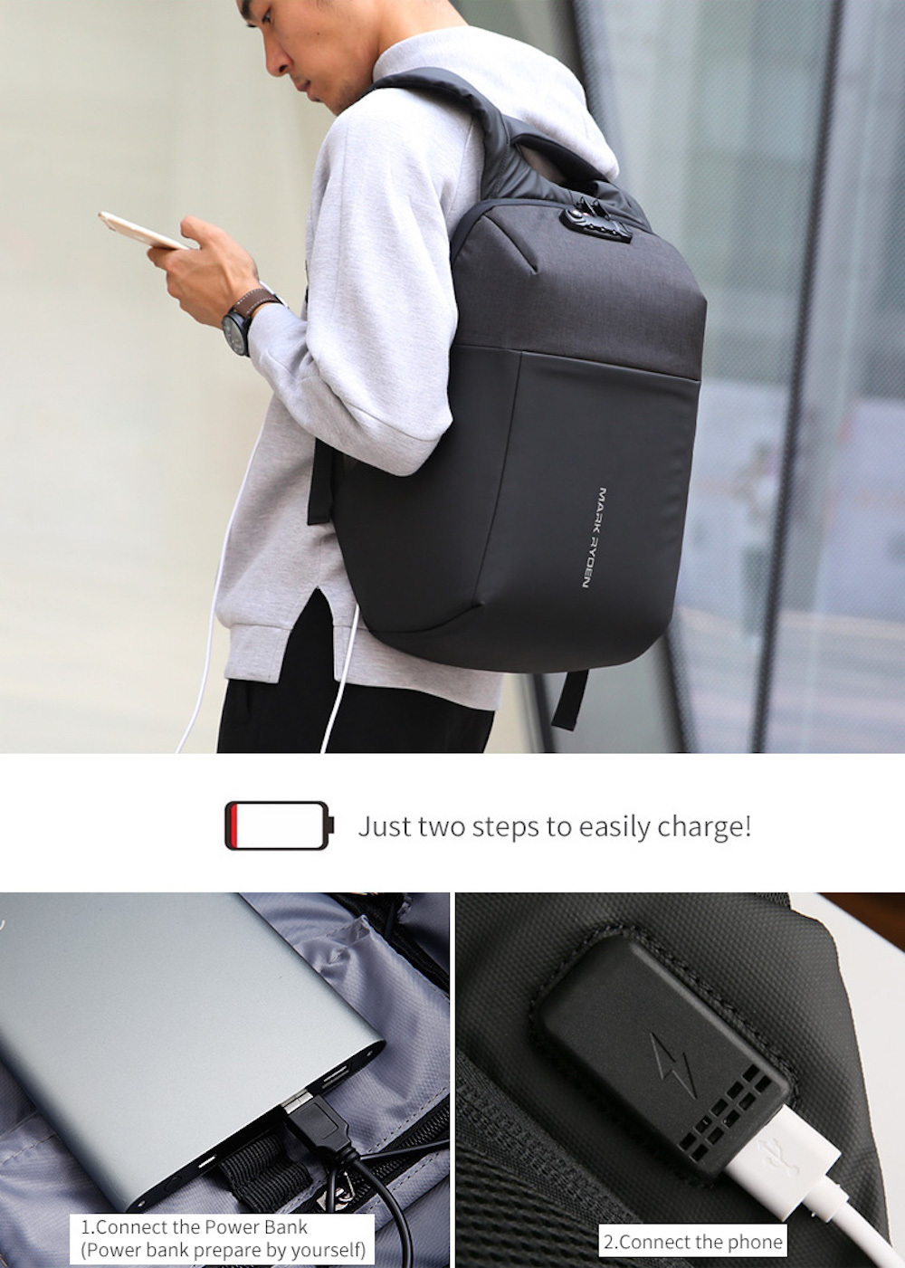 MarkRyden TSAロックデザイン バックパック 15.6インチノートパソコン USB充電ポート 防水素材