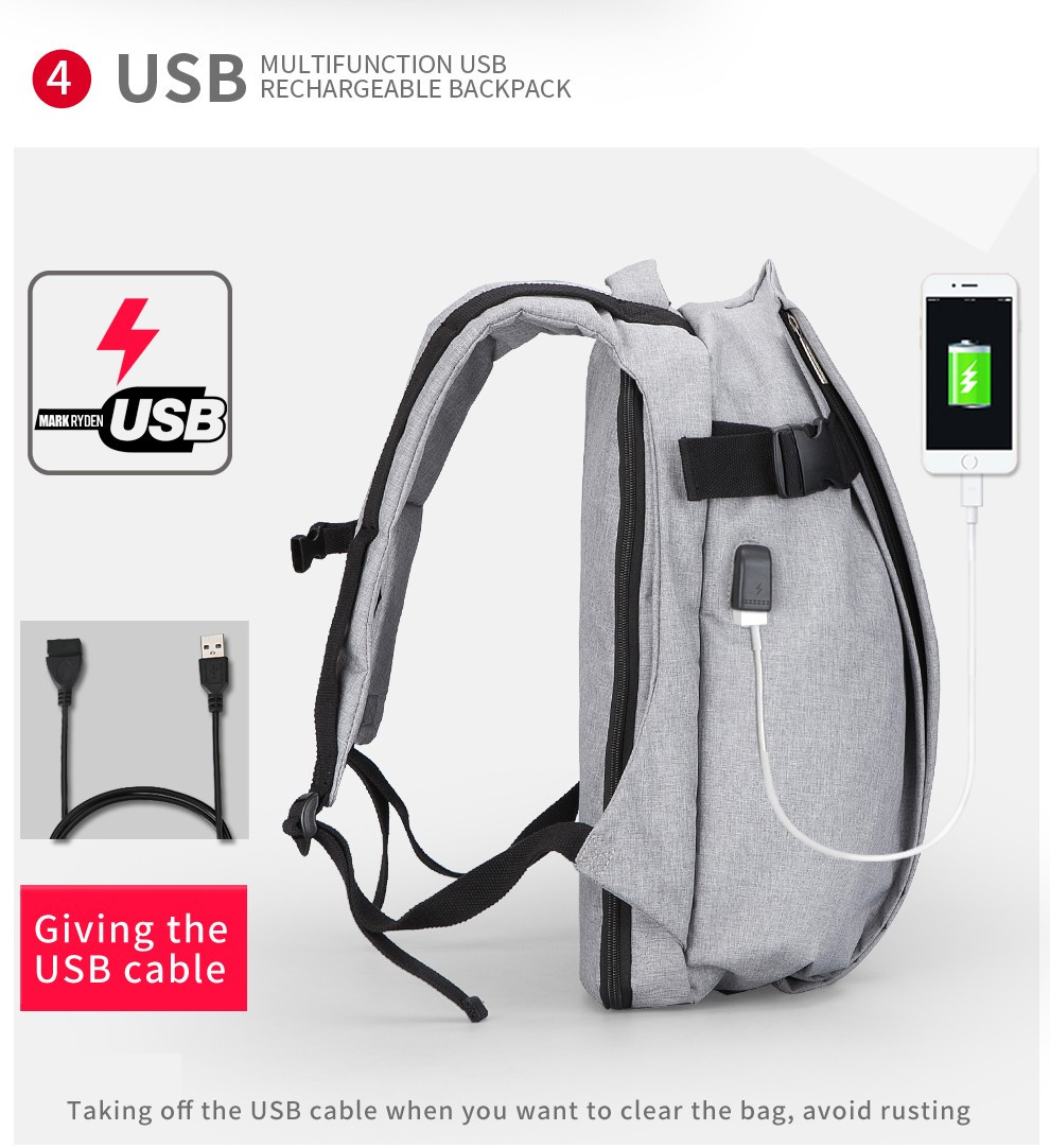 MarkRyden 16インチノートパソコン対応 USB充電ポート付き バックパック 防水素材