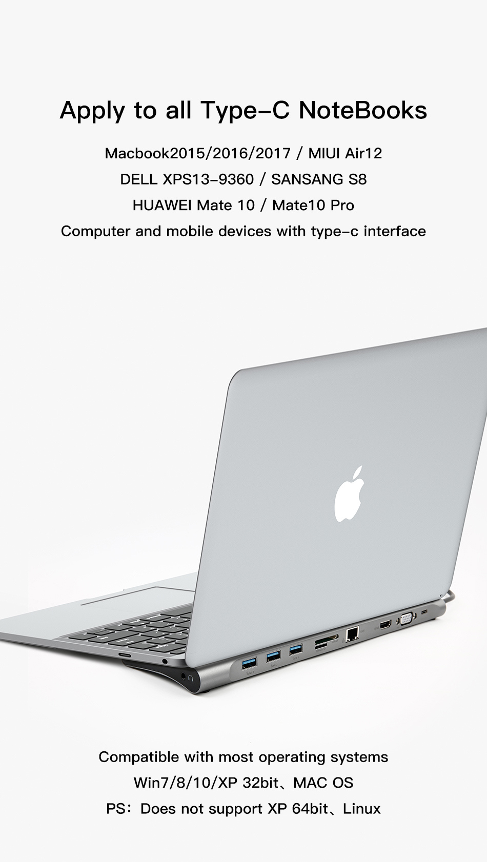 10in1 USB Type-C to HDMI VGA USB 3.0 RJ45イーサーネット SD/microSDカード オーディオ出力 ベースステーション