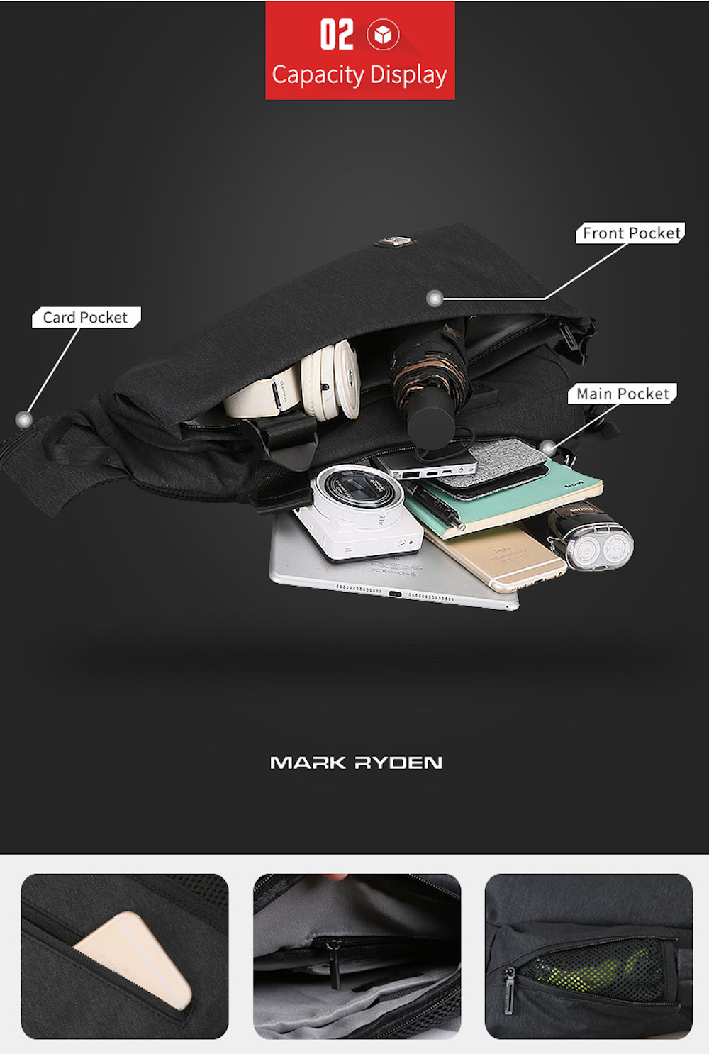 MarkRyden 9.7インチタブレット ボディーバッグ USB充電ポート 防水素材