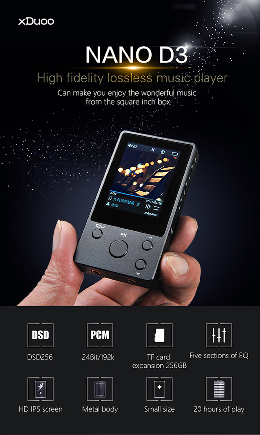 XDuoo NANO D3 HiFi ロスレス MP3 音楽プレーヤー 8GB PCM 24bit/ 192KHz