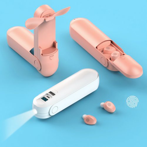 4 in 1 折り畳み ポータブル扇風機 TWS Bluetoothイヤホン モバイルバッテリー LEDライト