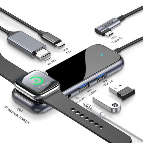 USB Type-C 6 in 1 ハブ 4K HDMI Type-C PD USB 3.0 x 2ポート 3.5mm オーディオジャック Apple watch Qi ワイヤレス充電