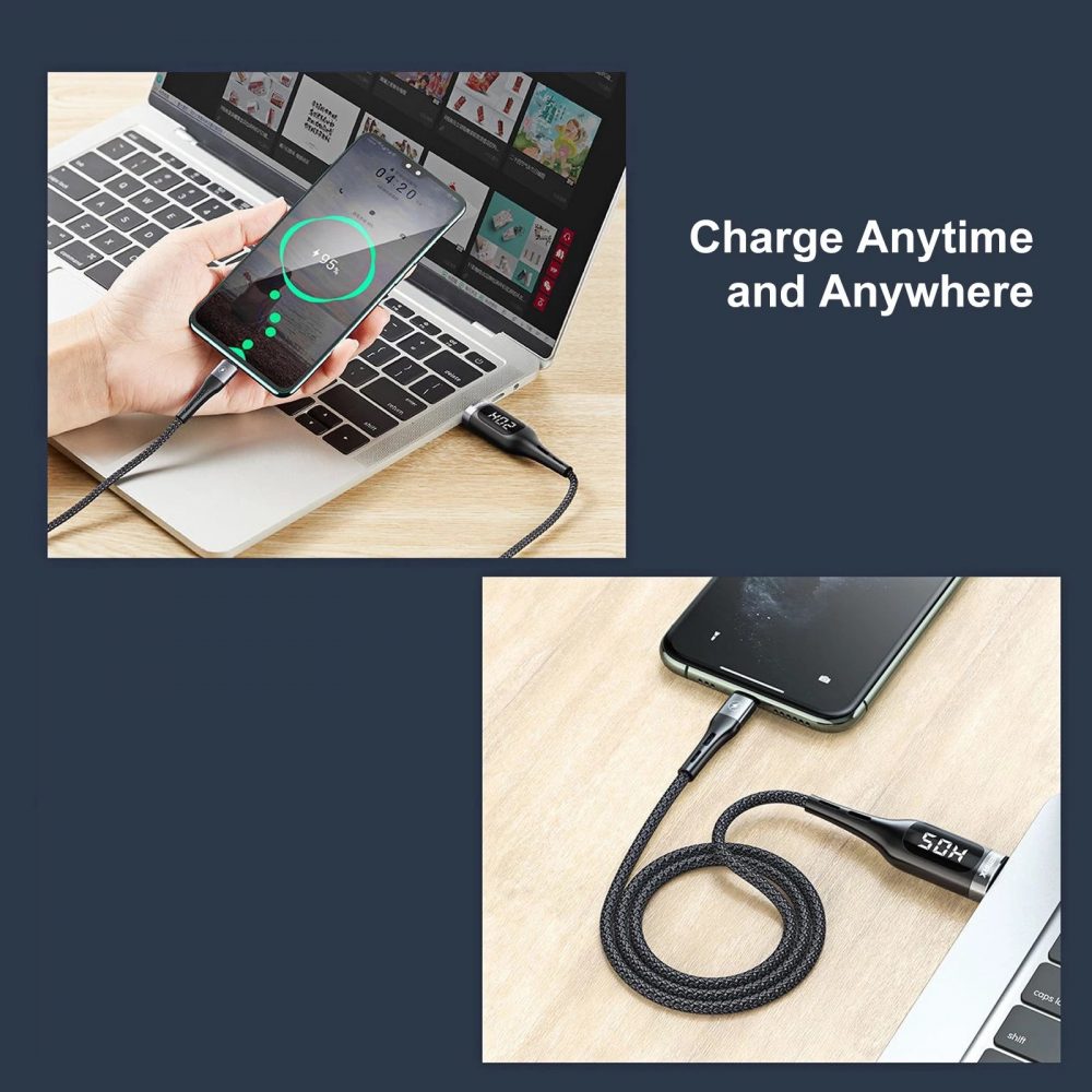 USB Type-C/Lightning 2.1A対応 高速充電 電流/電圧 自動充電オフ ディスプレイ付き データ転送 充電 ケーブル