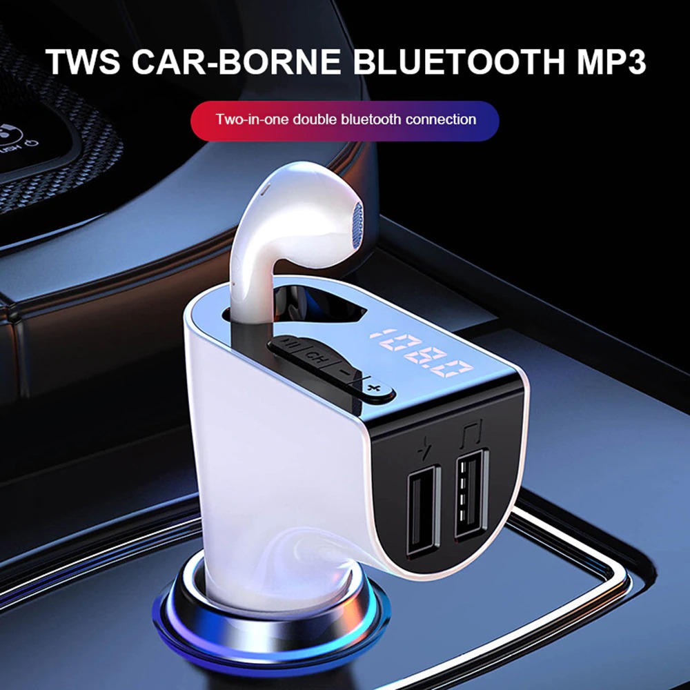 4in1 車載シガーソケット Bluetooth 5.0 ワイヤレス ハンズフリー ヘッドセット + USB x 2ポート + MP3プレーヤー +  FMトランスミッター - Disk House