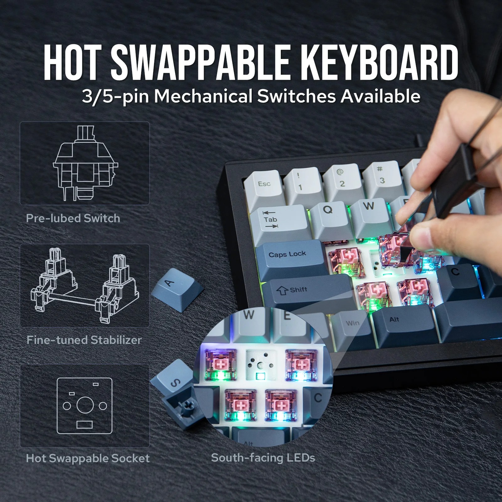 ホットスワップ対応で3/5ピンスイッチに交換できる分割式メカニカルキーボード Split65